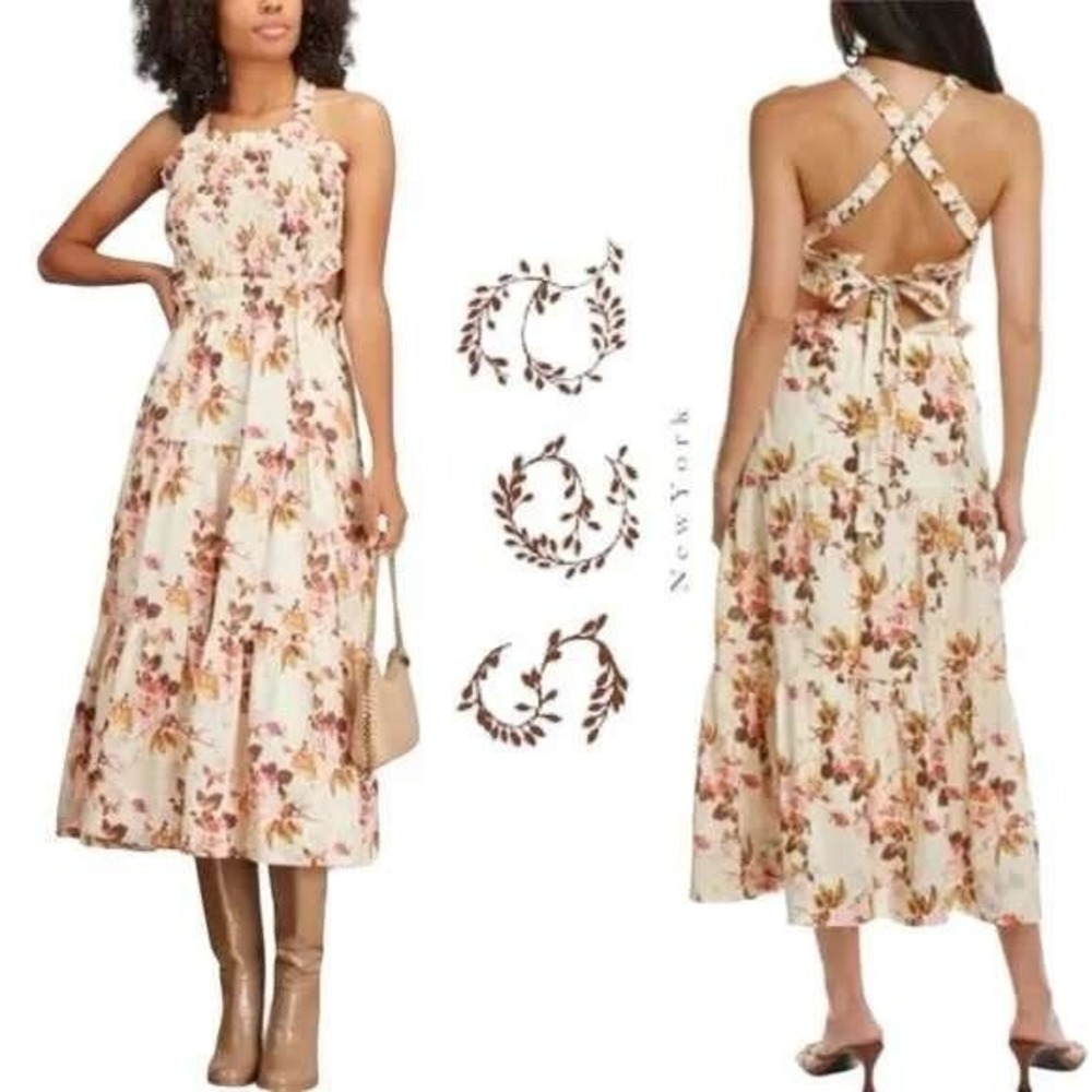Sea New York Dress NWOT MEDIUM Cottage‎ Floral Cotton Apron Smocked Tie Tiered